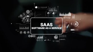 Modern Digital Workspace Illustrating SaaS Concept with Graphs and Data Visualization Elements. Asymptotic smart data analytic.