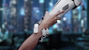 A futuristic scene showcases a robotic hand reaching toward a digital email icon, surrounded by user interface elements, emphasizing the intersection of technology and communication. Auvana