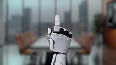 A robotic hand interacts with a digital display showing customer satisfaction ratings in a sleek office setting, symbolizing the fusion of technology and business feedback processes. Auvana