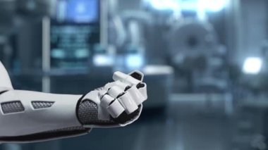 Tıbbi haç hologramı havada süzülürken robot elinin avuç içini kapat. Tıbbi verilere erişip, semptomlara bağlanırken tıbbi çapraz holografiği gösteren bir el. Sağlıklı..