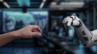 A captivating scene showcasing a human hand reaching out to a robotic arm in a high-tech lab, surrounded by elements representing cybersecurity and advanced technology. Auvana
