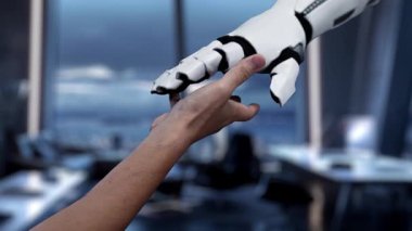 A hand reaches out towards a digital hologram representing artificial intelligence and human connection, symbolizing innovation and advanced technology in a modern workspace. Auvana