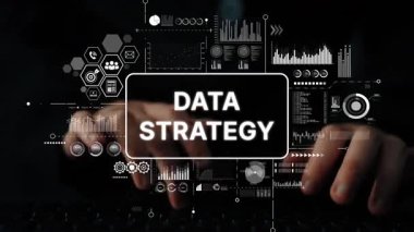 Hands Typing on Keyboard with Data Strategy Concept and Digital Elements in a Modern Workspace. Asymptotic smart data analytic.