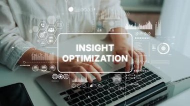 Hands on Laptop with Data Visualization Elements for Insight and Optimization in Business Strategy. Asymptotic smart data analytic.