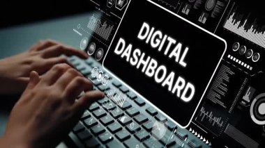 Hands Typing on Keyboard with Digital Dashboard Display Concept for Technology and Business Analysis. Asymptotic smart data analytic.