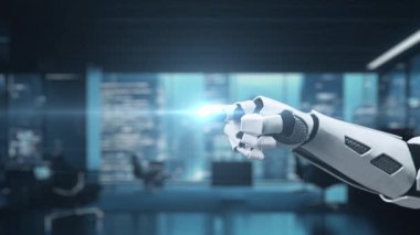 A robotic hand is depicted interacting with a digital interface, showcasing an update progress bar in a sleek, futuristic technology setting. The video symbolizes innovation and automation. Auvana