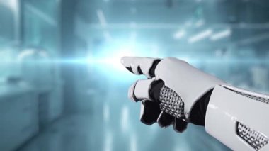 Robotik el işaretini kapat ve bulanık laboratuvar geçmişine sahip çapraz holograma dokun. Tıbbi verilere erişmek ve onları teşhis etmek için robot el tıklaması. Sağlıklı..