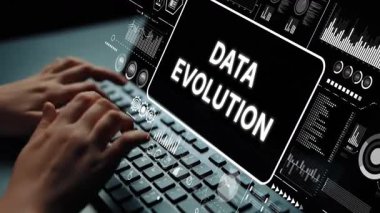 Hands Typing on Keyboard with Data Evolution Text and Digital Graphics Representing Information Transformation. Asymptotic smart data analytic.