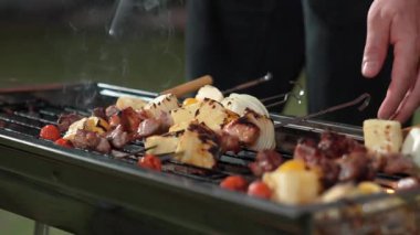 Grilled food of family celebration anniversary. Family have dinner party in garden. Outdoor camping activity relax with tasty food and spend time with cute relatives cross generation gap. Divergence.