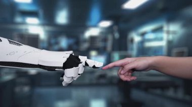 Robot ve insan elini uzatıyor ve yüzen DNA hologramıyla işaret ediyor. Bulanık laboratuvar geçmişini işaret ederken robot el ve insanın birlikte çalışmasını kapat. Sağlıklı..