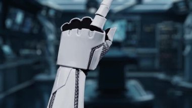 Tıbbi verilere ya da teşhis semptomlarına ulaşmak için robotik el işaretlerini kapatın ve tıbbi çapraz holograma tıklayın. Yapay zeka semptomları analiz ederken robot el çapraz kontrol yapıyor. Sağlıklı..