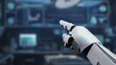 İnsan anatomisini gösteren ve bulanık laboratuvar geçmişine sahip robot el işaretlerini kapat. Robot el, tıbbi verileri teşhis semptomlarına bağlamak için x ray gösterge paneline tıklıyor. Sağlıklı..