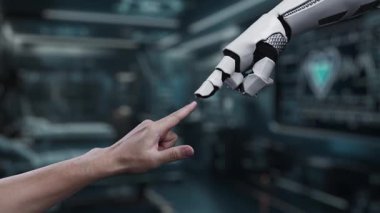 Robot ve insan eliyle insan anatomisi ikonunu işaret ediyor. Robot el ve insanın birlikte çalışırken röntgen hologramıyla bulanık labaratuvarı işaret etmesine yakın çekim. Sağlıklı..