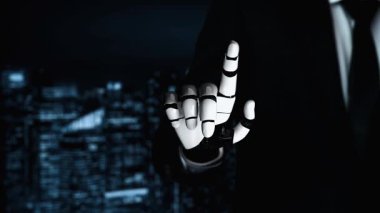 Gelecekçi robot yapay zeka yapay zeka yapay zekayı aydınlatıyor ve makine öğrenme kavramını geliştiriyor. İnsan hayatının geleceği için küresel robotik RPA bilim araştırması. 3B görüntüleme grafiği.