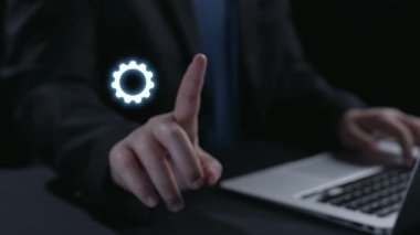 This digital illustration showcases a quality seal with glowing stars above a professional hand working on a laptop, representing trust and excellence in online services. Qubit