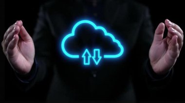 Explore a modern representation of cloud computing featuring hands and vibrant icons that symbolize data transfer, storage, and security in a digital landscape. Qubit