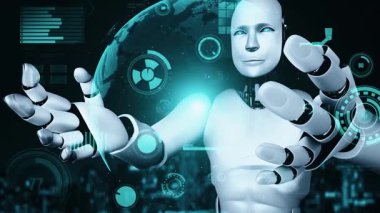 Futuristic robot artificial intelligence huminoid AI for industrial factory technology development and machine learning concept. robotic bionic science research for future of human life. 3D rendering.