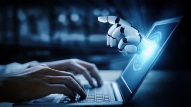 Gelecekçi robot yapay zeka yapay zeka yapay zekayı aydınlatıyor ve makine öğrenme kavramını geliştiriyor. İnsan hayatının geleceği için küresel robot biyonik bilim araştırması. 3B görüntüleme grafiği.