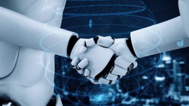 Future financial technology controll by AI robot huminoid uses machine learning and artificial intelligence to analyze business data and give advice on investment and trading decision . 3D rendering .