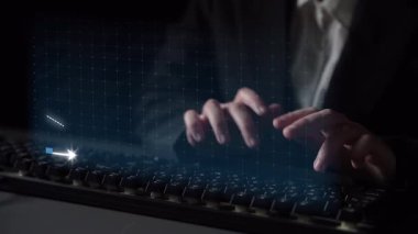 A business professional analyzes data trends using digital charts and graphs on a computer, focusing on financial growth and strategic planning in a modern office setting. Copula