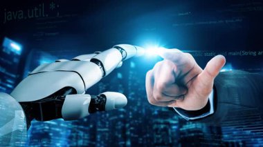 İnsan eline uzanan bir robot elin yakın plan görüntüsü, gelecekteki buluşlarda yapay zekanın potansiyelini vurgulayarak, teknoloji ve insanlığın birleşmesini sembolize eder. Xenic