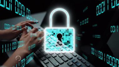 A visual representation of cyber security featuring a digital lock and various data charts. Hands typing on a keyboard highlight the importance of online safety and data protection. Xenic