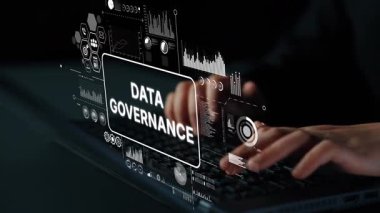 Modern Concept of Data Governance with Visual Elements and Technology Interface on a Laptop Screen. Asymptotic smart data analytic.