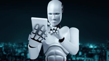 Future financial technology controll by AI robot huminoid uses machine learning and artificial intelligence to analyze business data and give advice on investment and trading decision . 3D rendering .