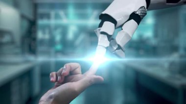 Robot ve insan elini uzatıyor ve parmağıyla beyin simgesini havada yüzdürüyor. Laboratuvar geçmişi bulanıklaşırken robot el ve insanın birlikte çalışmasını engelle. Sağlıklı..