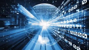 Fütürist küresel ağ ve dijital veri transferi 3D grafik. Yeni bilgi çağındaki küresel eğilimleri değiştiren akıllı dijital dönüşüm ve teknoloji bozulması kavramı .