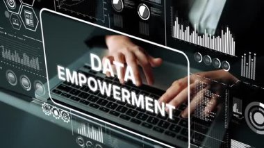 Hands on Laptop with Graphical Interface Displaying Data Empowerment Concept. Asymptotic smart data analytic.