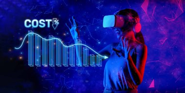 A woman experiences virtual reality while engaged in a graph illustrating cost reduction and technology advancements, symbolizing innovation in business management and strategy. XDMCP