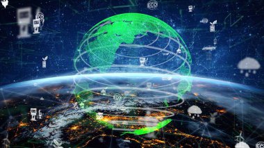This image depicts a green globe surrounded by digital symbols representing eco-friendly technology, illustrating a vision for sustainable development and innovation on Earth. Xenic