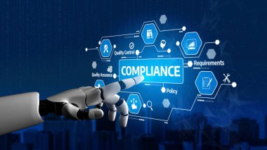 Robot bir el, dijital arayüzü işaret ediyor. Günümüz düzenlenmiş ortamında iş ve teknoloji için gerekli uyum kavramlarını sergiliyor. Tessel