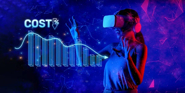 A woman experiences virtual reality while engaged in a graph illustrating cost reduction and technology advancements, symbolizing innovation in business management and strategy. XDMCP