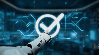 Gelecekçi bir robot eli dijital ortamda parlayan bir kontrol işaretine işaret ederek otomasyon ve ileri teknoloji etkileşimlerindeki başarıyı sembolize ediyor. Auvana