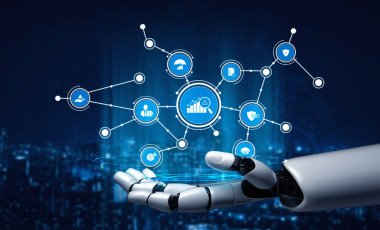 Pürüzsüz bir robot el öne doğru uzanıyor, yüzen simgelerle çevrili dijital bir grafik gösteriyor. Bu görüntü teknoloji, yenilik ve ileri veri analizi kavramlarını somutlaştırıyor. Tessel