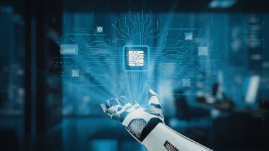 Gelecekçi bir robot el, dijital devrelerle çevrili parlayan merkezi işleme ünitesine doğru uzanır, modern bir ofiste teknoloji ve yenilikteki gelişmeleri sembolize eder. Auvana