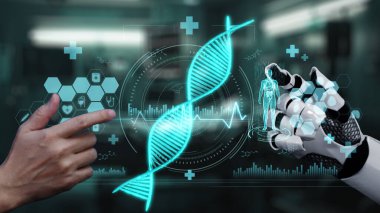 Robot ve insan elini uzatıyor ve yüzen DNA hologramıyla işaret ediyor. Bulanık laboratuvar geçmişini işaret ederken robot el ve insanın birlikte çalışmasını kapat. Sağlıklı..