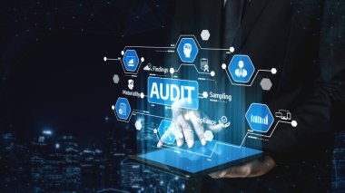 A business professional engages with a digital audit platform on a tablet, showcasing compliance features and innovative analytics in a tech-driven environment. Tessel