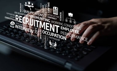 This conceptual image features hands typing on a keyboard surrounded by keywords related to recruitment and job search, reflecting the hiring process and employment opportunities. Tessel