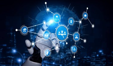 A robotic hand interacts with an array of digital icons in a modern urban setting, showcasing the themes of technology, innovation, and connectivity in the digital age. Tessel