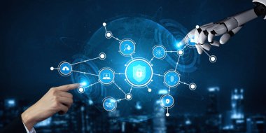 This image illustrates the interaction between artificial intelligence and human input, showcasing a dynamic digital network and advanced technology elements in a secure setting. Tessel