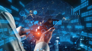 A professional analyzes data on a smartphone amidst digital global connectivity, showcasing modern technology and innovative solutions for business success. Xenic