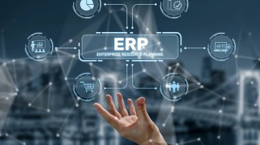 ERP platformu, kurumsal kaynak planlaması, entegrasyon, veri akışı, iş verimliliği, finans, envanter ve insan kaynaklarının iyileştirilmesi için merkezi sistemi göstermektedir. Muxer