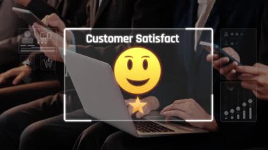 This image showcases a digital representation of customer satisfaction metrics, featuring a happy emoji and graphs to illustrate feedback in a business environment. Raster