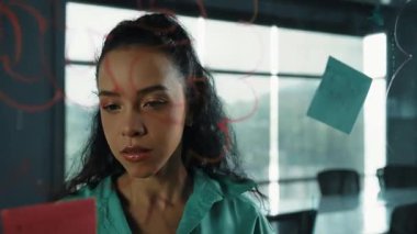 Genç İspanyol çalışanlar renkli yapışkan notlar yazıyorlar. Akıllı iş kadını pazarlama fikrini, beyin fırtınası stratejisini, iş planını paylaşıyor. Proje yöneticisi zihin haritası çiziyor. - Yakın çekim. Yönlendirici.