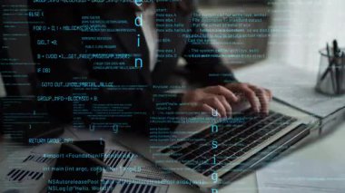 A modern business professional typing on a laptop, surrounded by a digital data overlay, exemplifying innovation and productivity in a high-tech work environment. Xenic