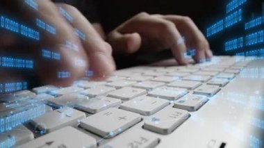 Grafikler ve bir dünya haritası eşliğinde, veri analizi ve teknolojiyi sembolize eden, dinamik dijital bir örtüyle geliştirilmiş, bir klavyeye yazı yazan ellerin yakın çekimi. Xenic