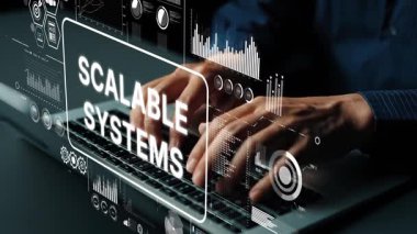 Hands Typing on Laptop with Overlaid Graphics Illustrating Scalable Systems and Data Analysis Concepts in Modern Workspace. Asymptotic smart data analytic.